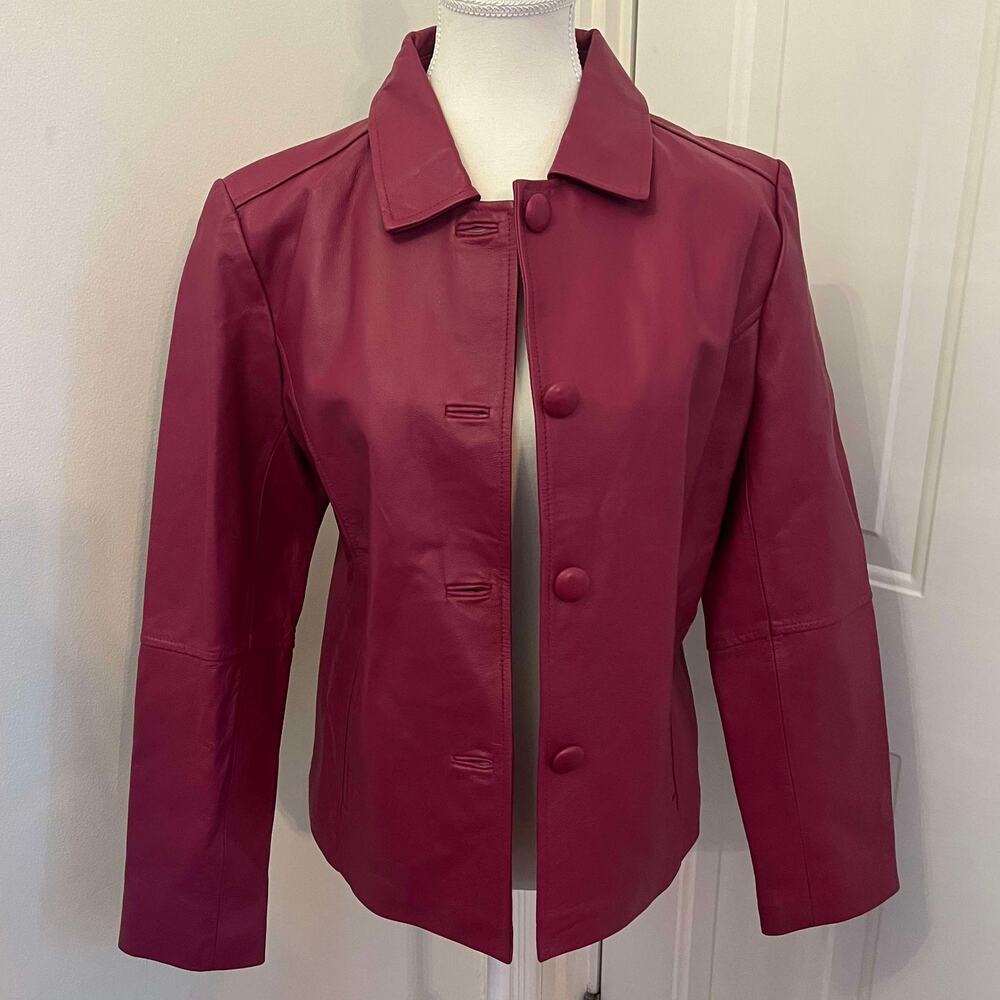Dark Pink Raspberry Leather Button Down Collared … - image 1